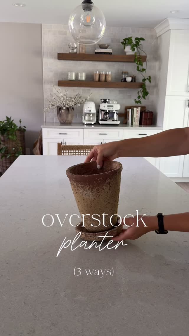 Instagram post by @ourhomeoncolonial for Overstock. Caption reads: I cannot get over this distressed cement planter....