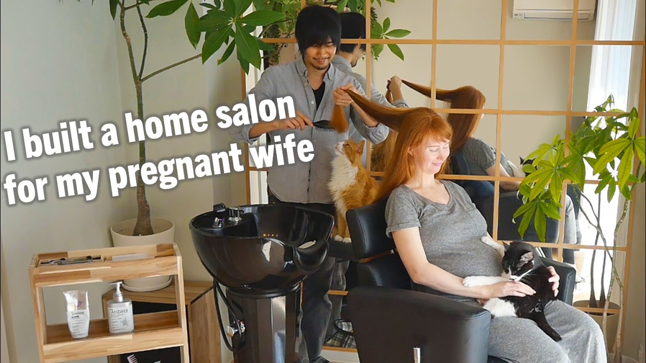 YouTube post by @RachelandJunAdventures for Sakura The Club. Caption reads: I built my pregnant wife a real hair salon at home.