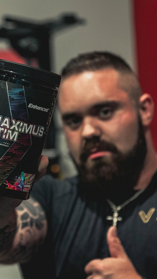 Instagram post by @frank_lifts for ENHANCED Labs. Caption reads: Enhanced Labs Maximus Stim Preworkout 🧪 - Big....