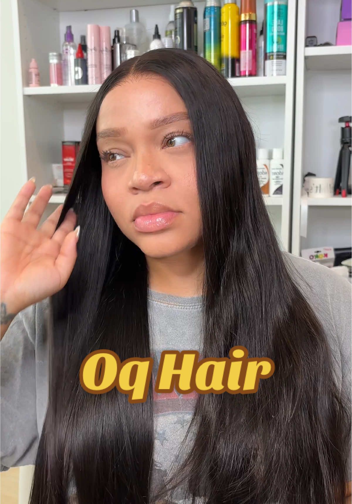 TikTok post by @desiidelight for OQHAIR. Caption reads: @OQHAIR 7X5HD LACE STRAIGHT GLUELESS WIG 24" 220%,....