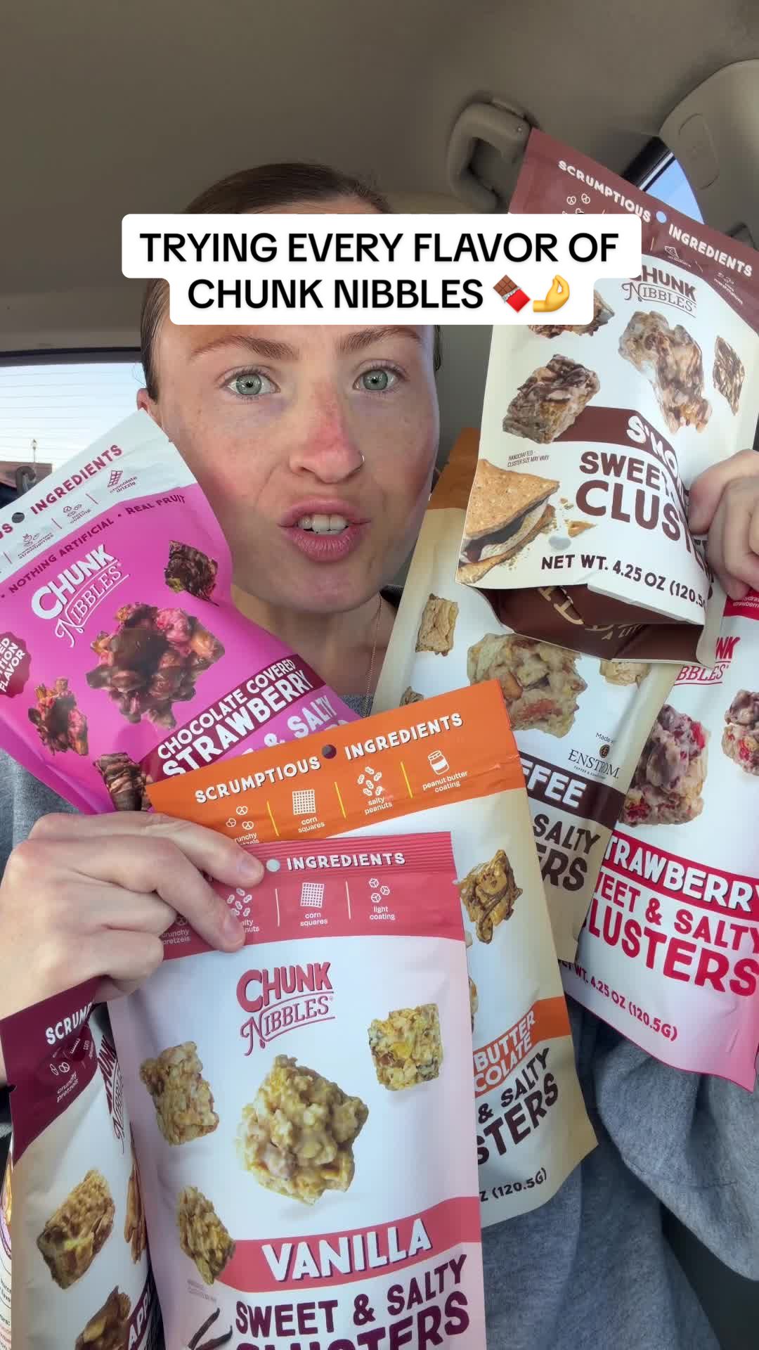 TikTok post by @morganchompz for Chunk Nibbles. Caption reads: Trying EVERY flavor of Chunk Nibbles! This stuff....