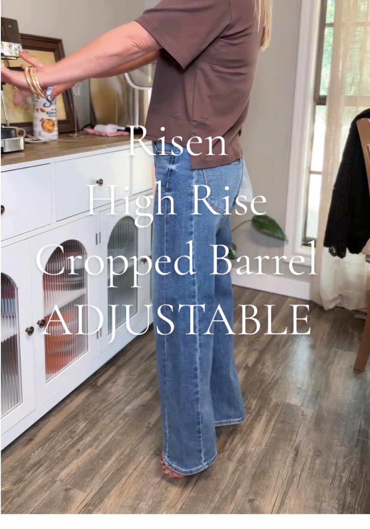 TikTok post by @kelsied89 for Freckled Poppy. Caption reads: Risen High rise cropped barrel jeans ADJUSTABLE!....