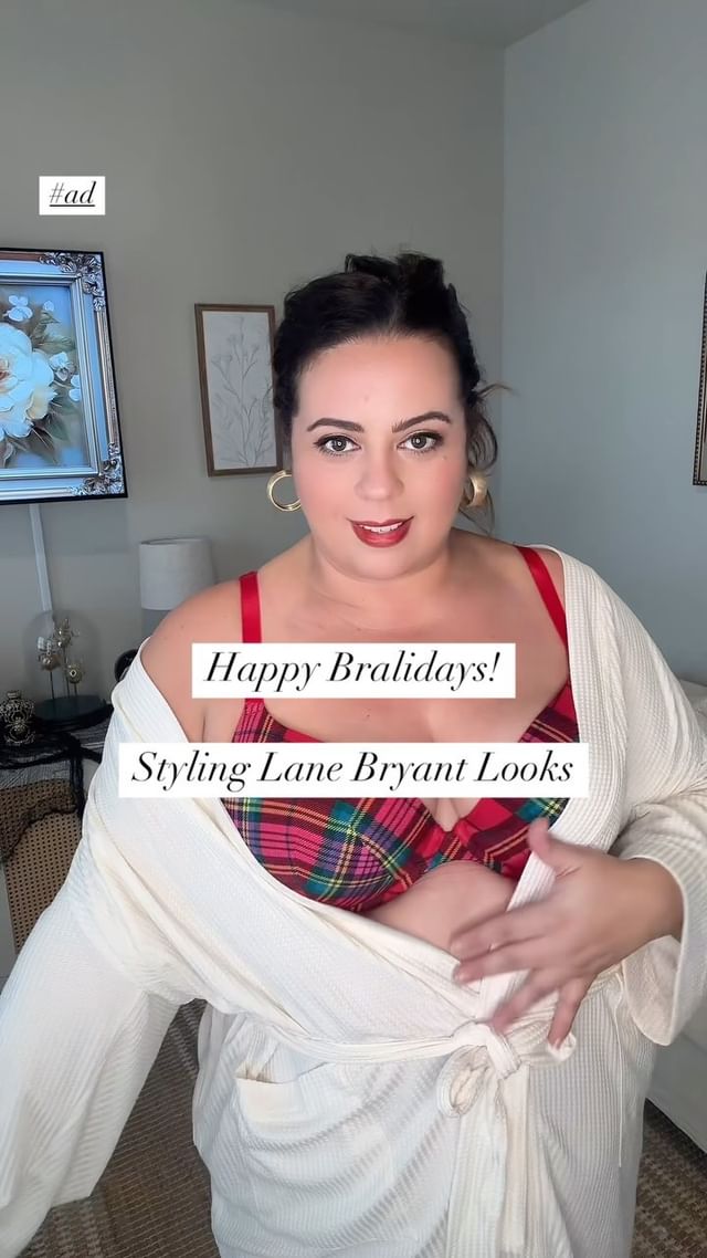 Instagram post by @hotpinkandglitter for Lane Bryant. Caption reads: Happy Bra-lidays, Besties! #ad @lanebryant has the....