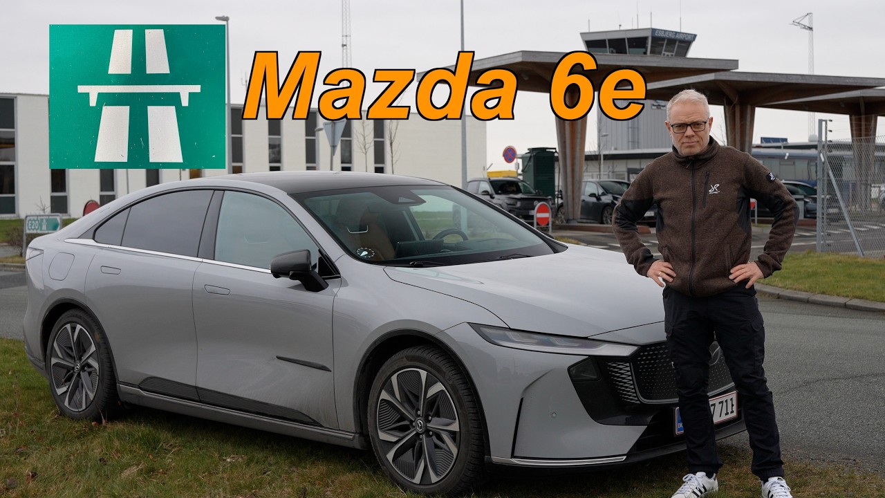 YouTube post by @BilerTV for Merch City. Caption reads: Mazda 6e fås med to forskellige....