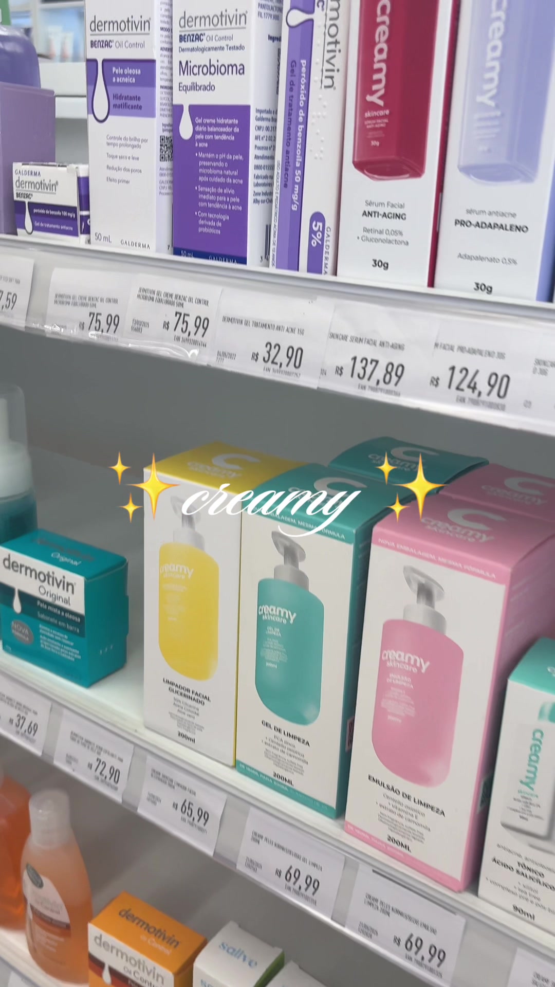 TikTok post by @lav.daily for Creamy Skincare. Caption reads: simplesmente @Creamy Skincare nas farmácias ✨🩵....