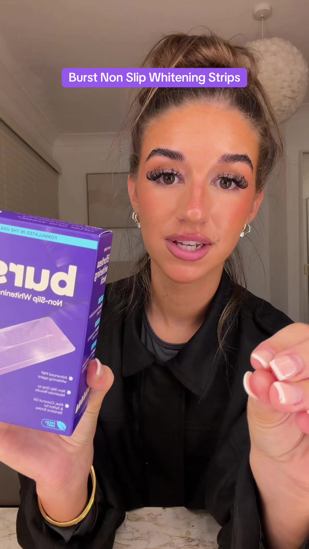 TikTok post by @xlolasx for Burst Oral Care. Caption reads: @BURST Oral Care non slip whitening strips💜🫧👏🏻....