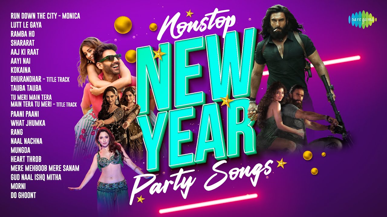 YouTube post by @SaregamaMusic for Saregama. Caption reads: Nonstop New Year Party Songs – Audio Jukebox |....