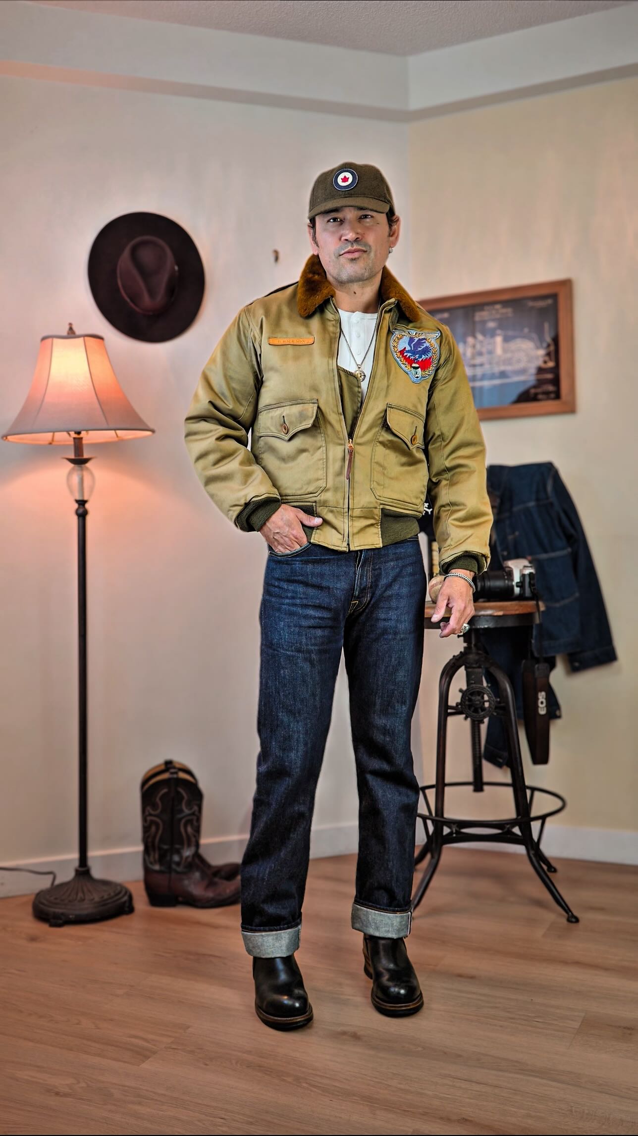 Instagram post by @deyvisvintagestyle for Red Wing Heritage. Caption reads: That Flight Jacket feelin’🤌 I couldn’t resist.....