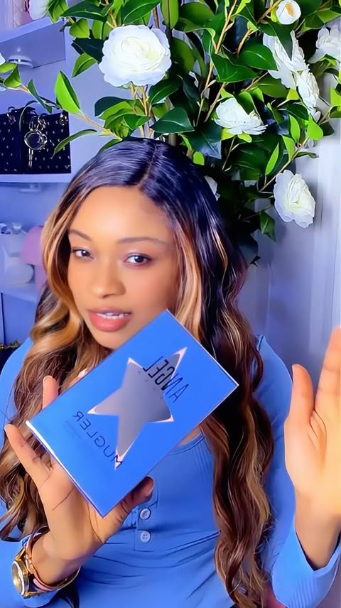 Instagram post by @evaperfumeandlifestyle for Mugler. Caption reads: AD| Mugler Angel Blush Review Soft, creamy, nutty....