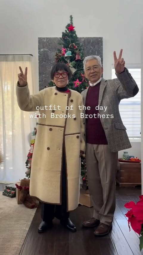 Instagram post by @akiandkoichi for Brooks Brothers. Caption reads: Holiday dressing, the @brooksbrothers way 🎄 #ad.