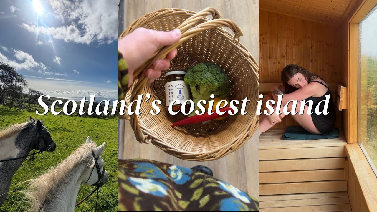 YouTube post by @carolinemcquistin for Lucy & Yak. Caption reads: Slow travel on a Scottish Island | Book shopping,....