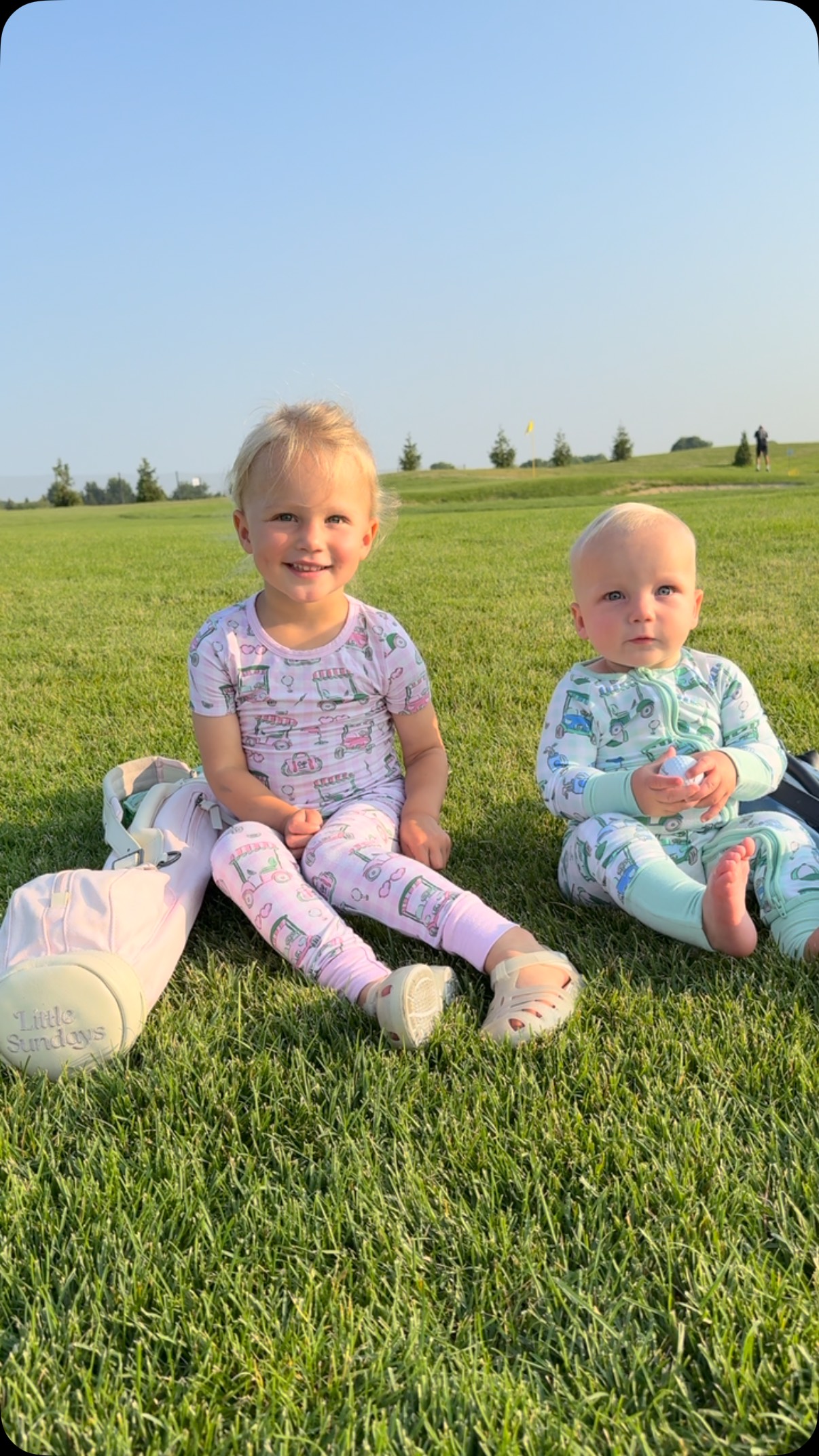 Instagram post by @littlesundaysgolf for Caden Lane. Caption reads: GIVEAWAY! 💚⛳️💓 From morning cuddles to sunset....
