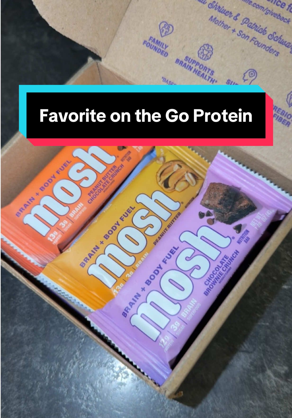 TikTok post by @lilfordchik for MOSH. Caption reads: @Mosh protein bars are the best I have found [...].