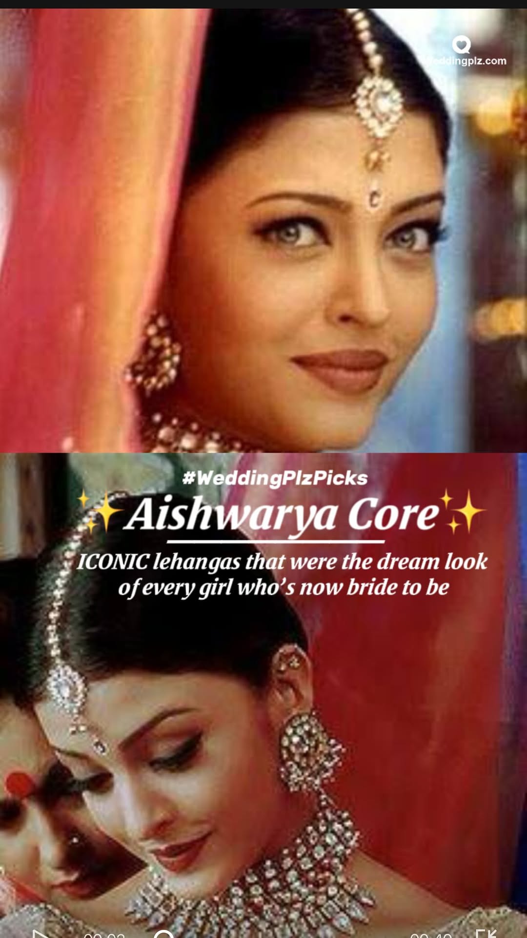 Instagram post by @weddingplzbrides for WeddingPlz.com. Caption reads: Aishwarya’s lehengas walked so every bride’s dream....