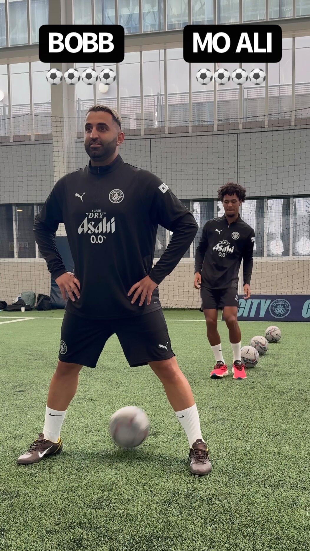 Instagram post by @moalifc for Manchester City. Caption reads: Straight passing challenge with @oscarbobb 🎯👀.