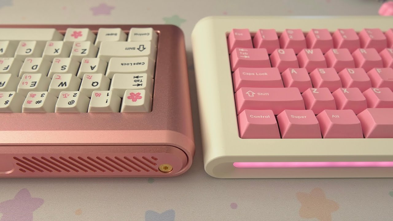 YouTube post by @ricecloud for Unikeyboards. Caption reads: Glitter65 r2 | ano pink & milky white ☁.