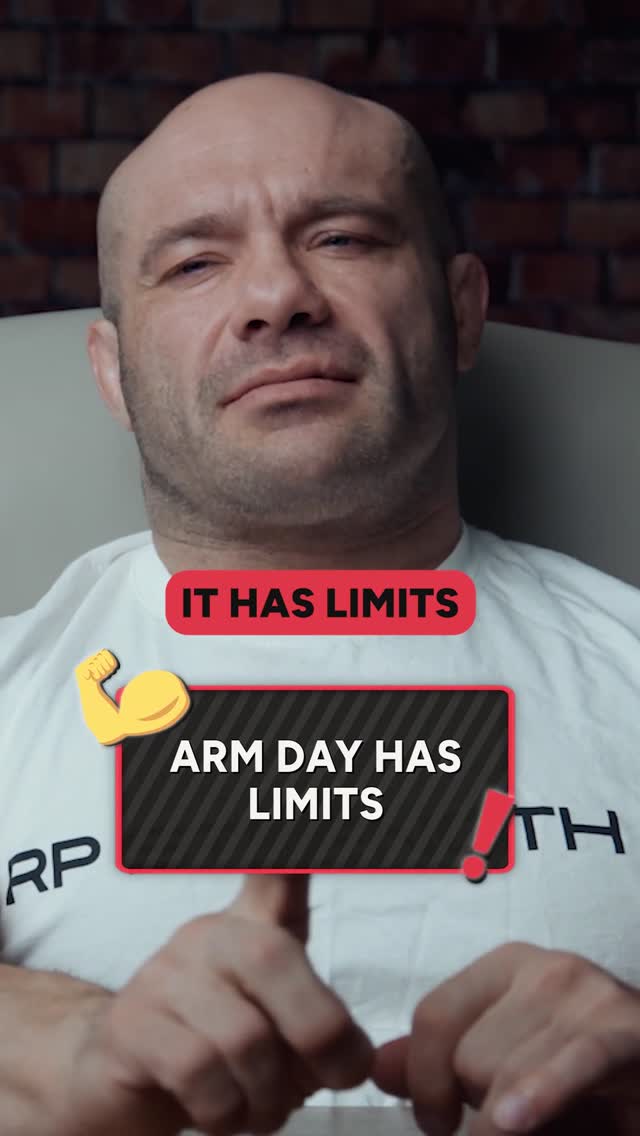 Instagram post by @drmikeisraetel for RP Strength. Caption reads: ARM DAY HAS LIMITS. Follow & comment TRAIN1 below,....