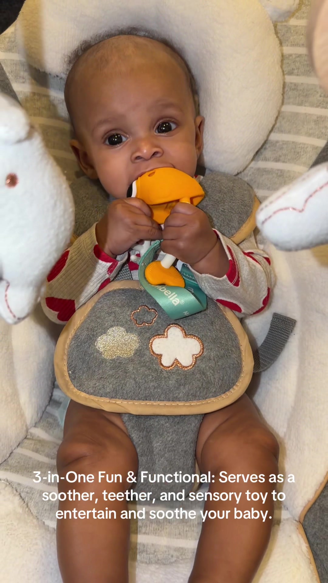 TikTok post by @vibewitbre.__ for mombella official. Caption reads: Click The Orange Cart 🛒🧡 #teethingbaby....