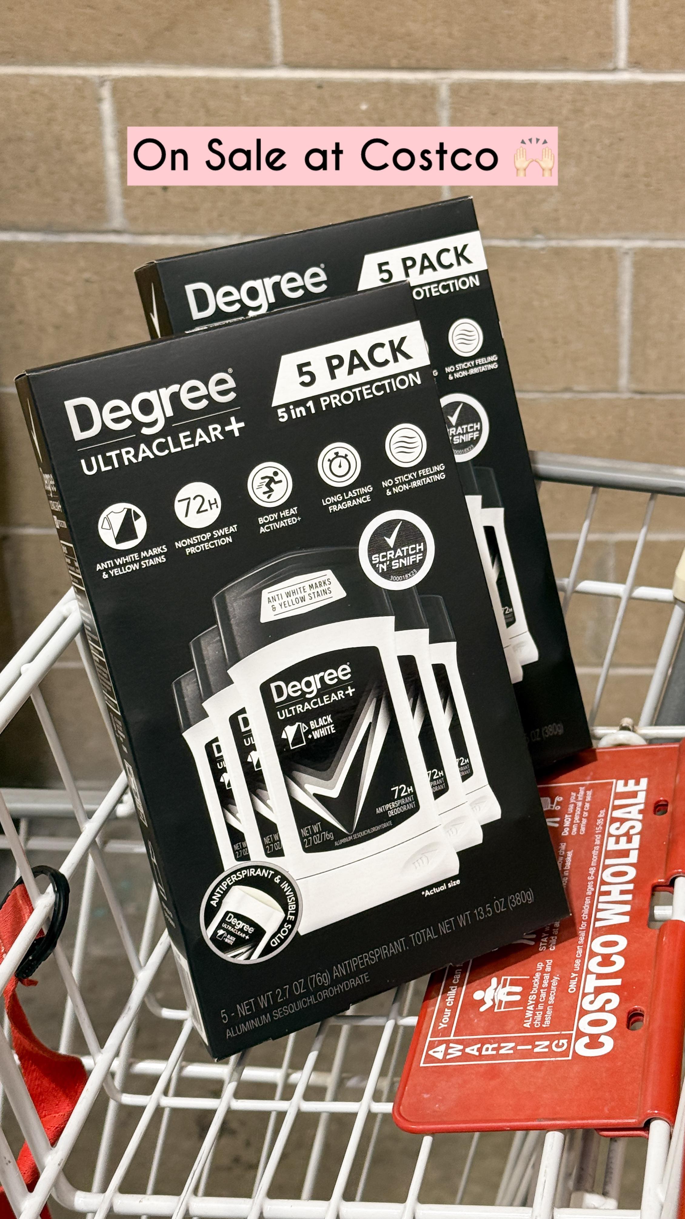 Instagram post by @costcoaisles for Degree. Caption reads: Right now through 11/16/2025, after $4.50 off,....