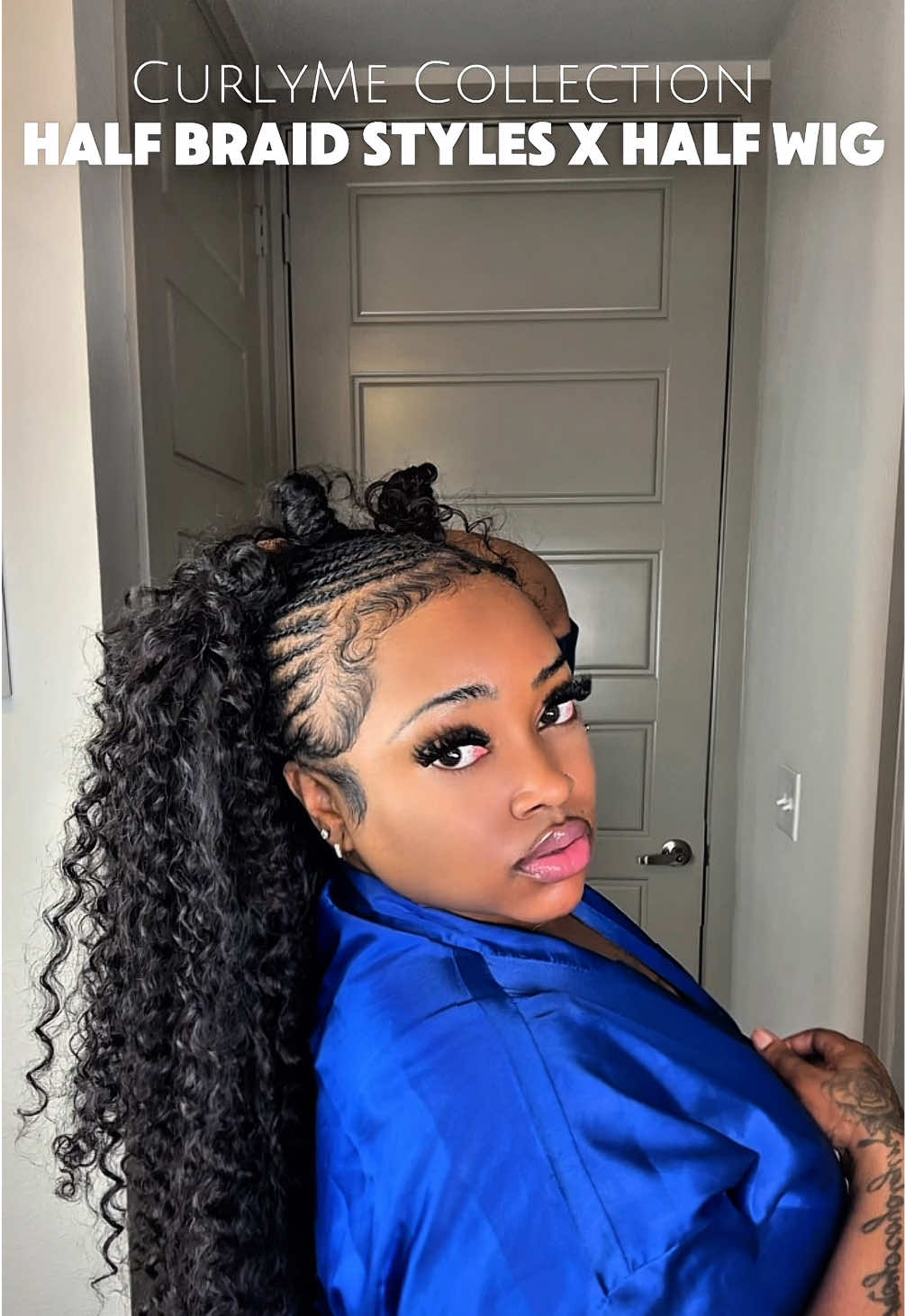 TikTok post by @stylisttraceyshenise for Curlyme. Caption reads: [...] Trend using a halfwig from @CurlyMe Hair....