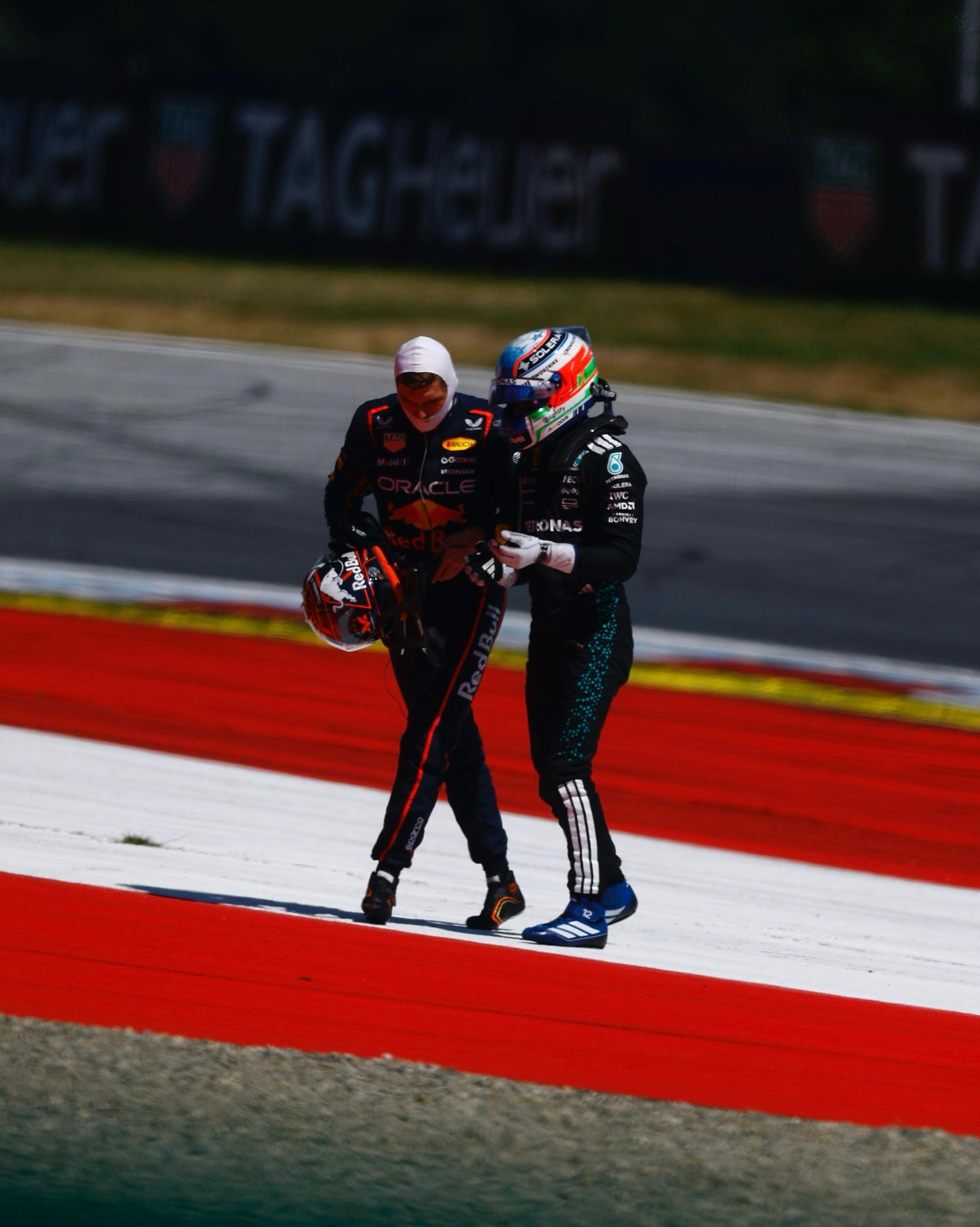 Instagram post by @mercedesamgf1 for FORMULA 1®. Caption reads: Respect between these two after an unfortunate....