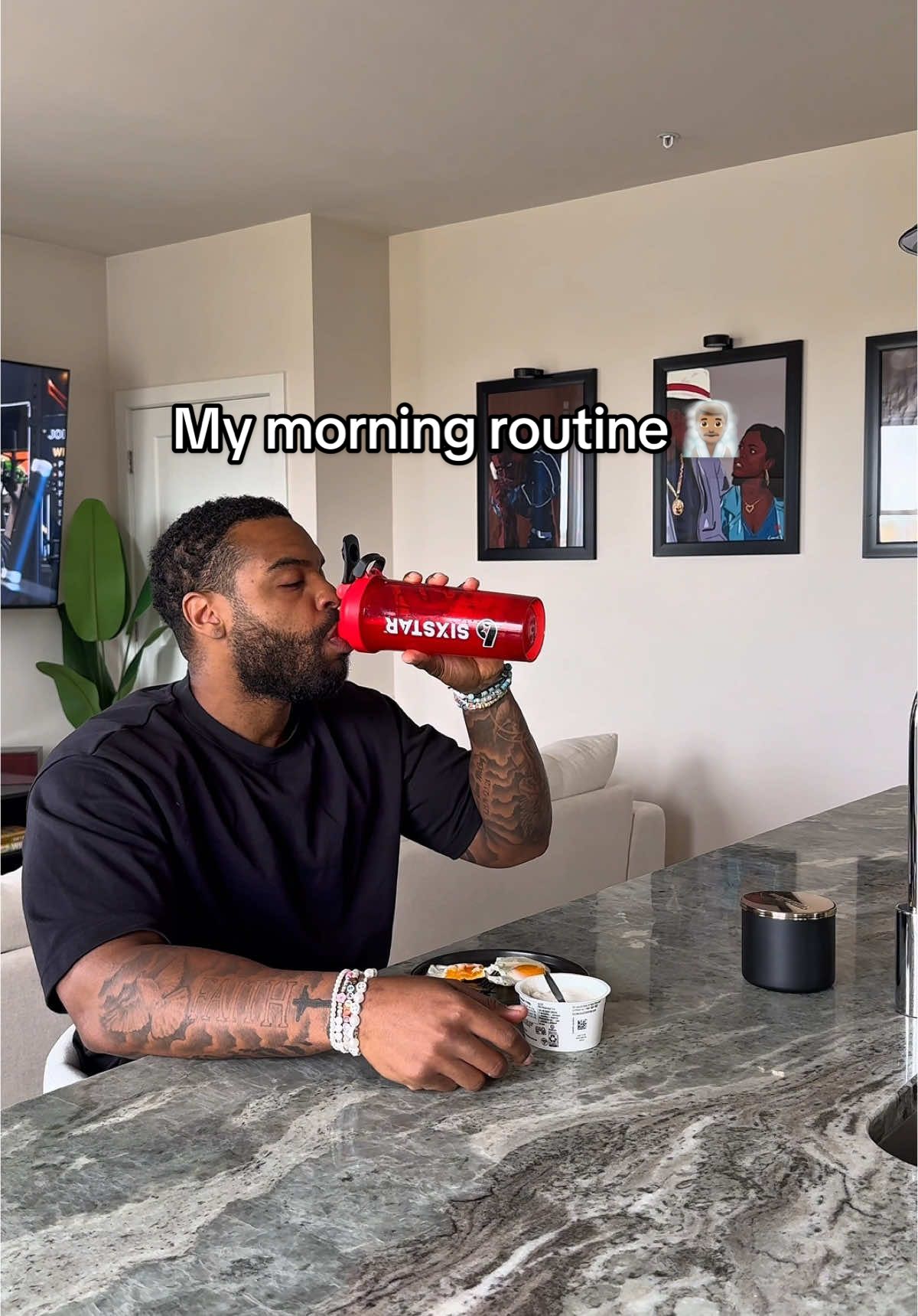 TikTok post by @drewwalls10 for Six Star Pro Nutrition. Caption reads: From skincare to breakfast to my go-to Creatine 3x....