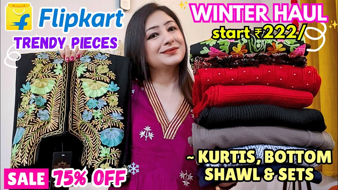 YouTube post by @AnjanaRawat for Wishlink. Caption reads: Flipkart Winter wear Kurta Haul @ ₹222/Woolen Suit....