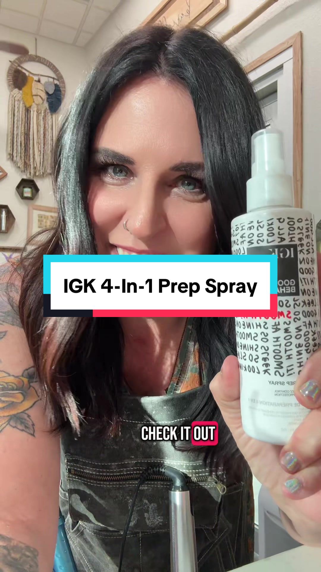 TikTok post by @kariellabeauty for IGK Hair. Caption reads: @IGK Hair 4-in-1 prep spray with 450 [...].