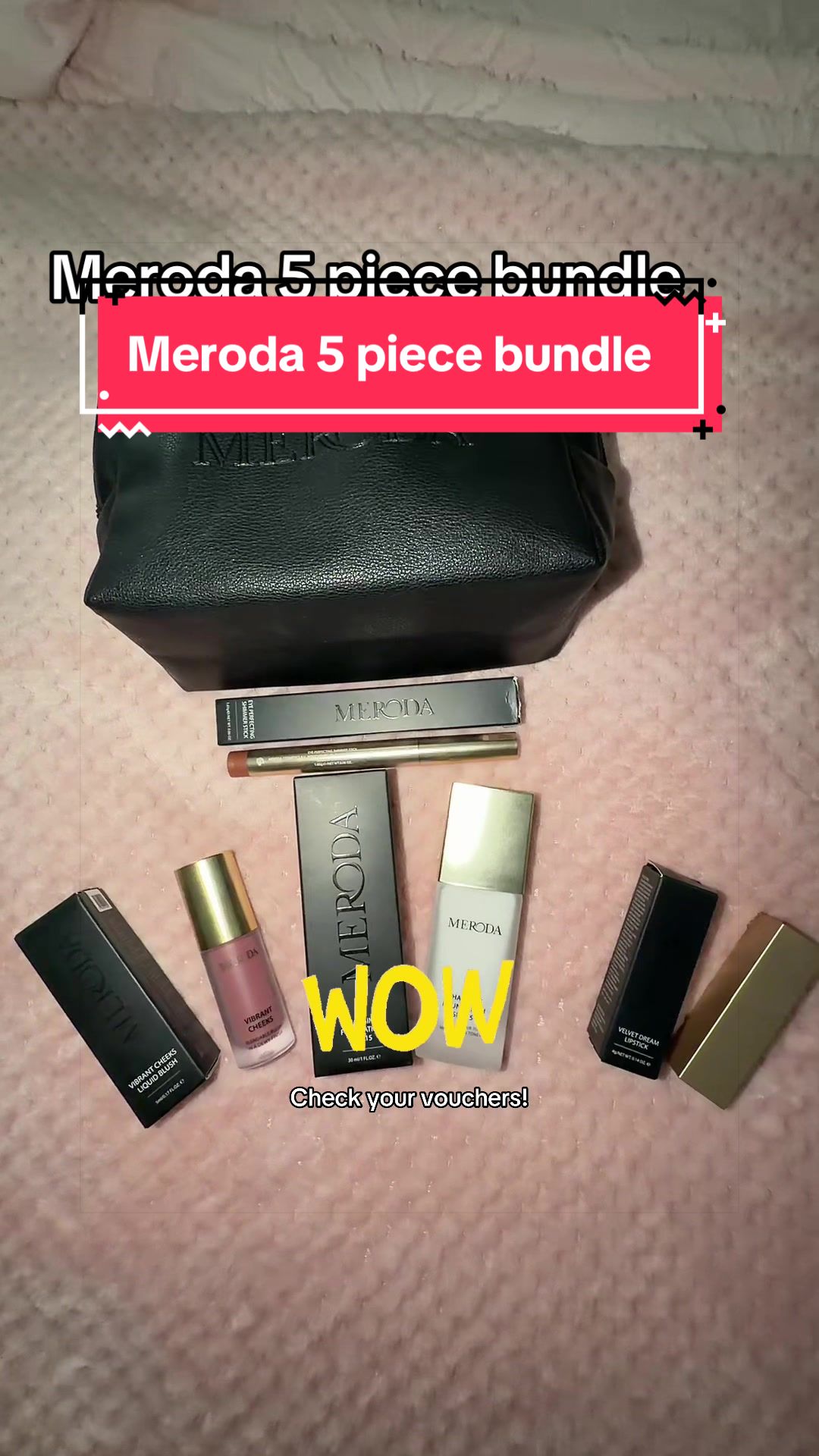 TikTok post by @nikks381 for Meroda Cosmetics. Caption reads: [...] lipstick and stylish makeup bag. @Meroda....