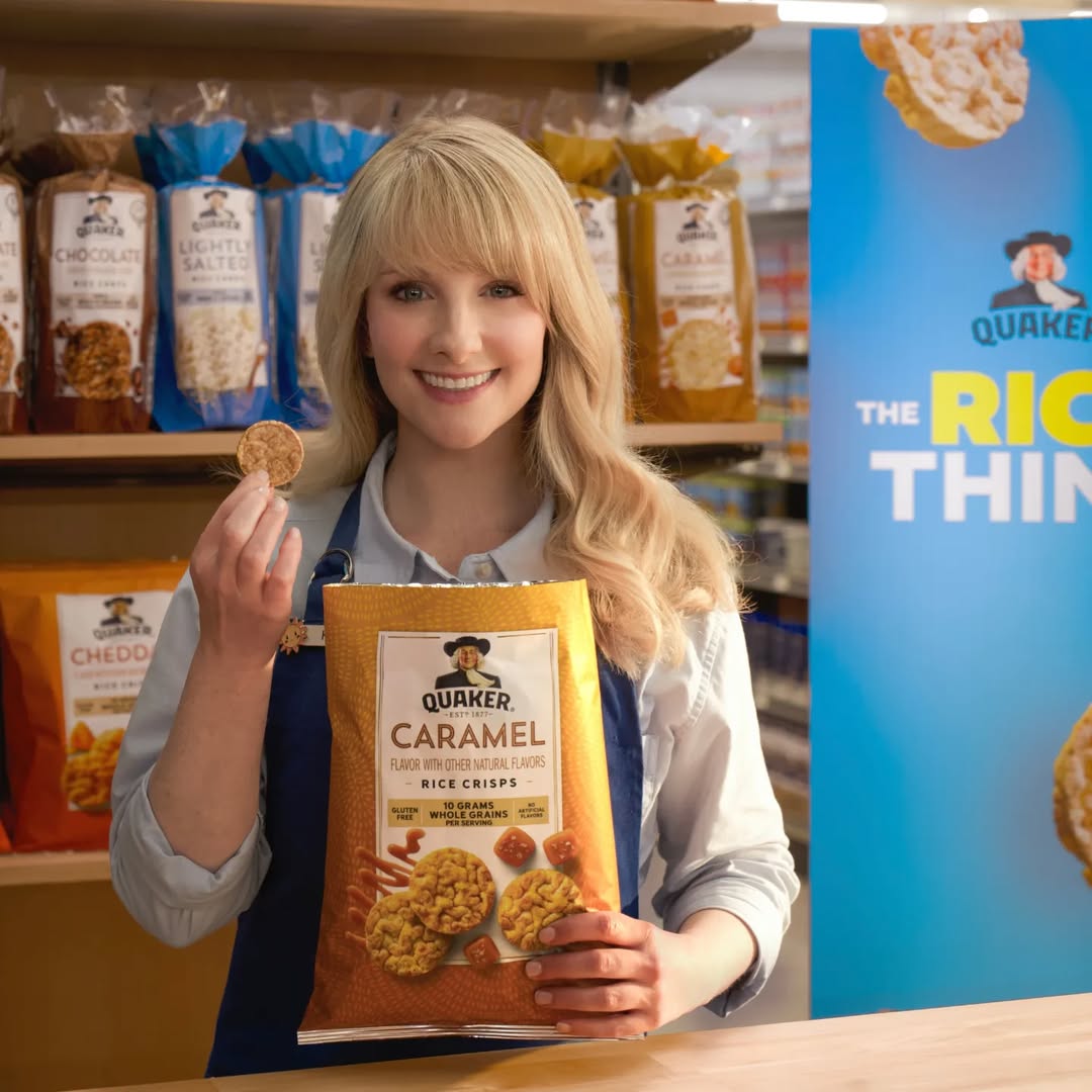 Instagram post by @melissarauch for Quaker Oats. Caption reads: #ad I ❤️ me some @Quaker Rice Crisps! Comment your....