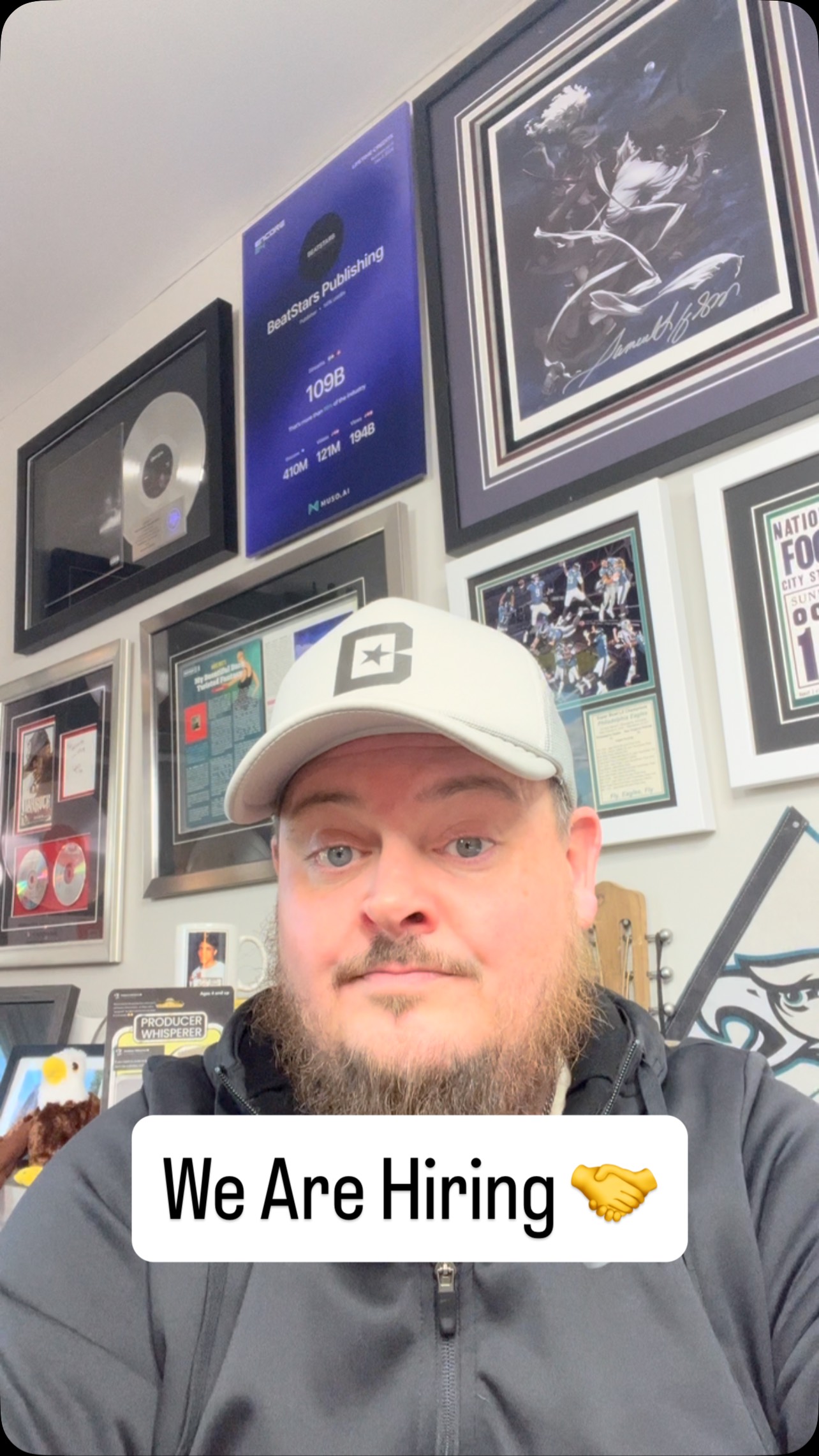 Instagram post by @producerwhisperer for BeatStars. Caption reads: We are hiring. Tag the best candidates below and....