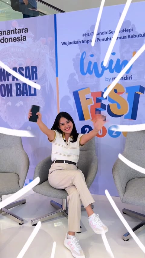 Instagram post by @nonna_yemima for Bank Mandiri. Caption reads: [...] 💖🌈 Info lengkap: bmri.id/livinfest Bank....