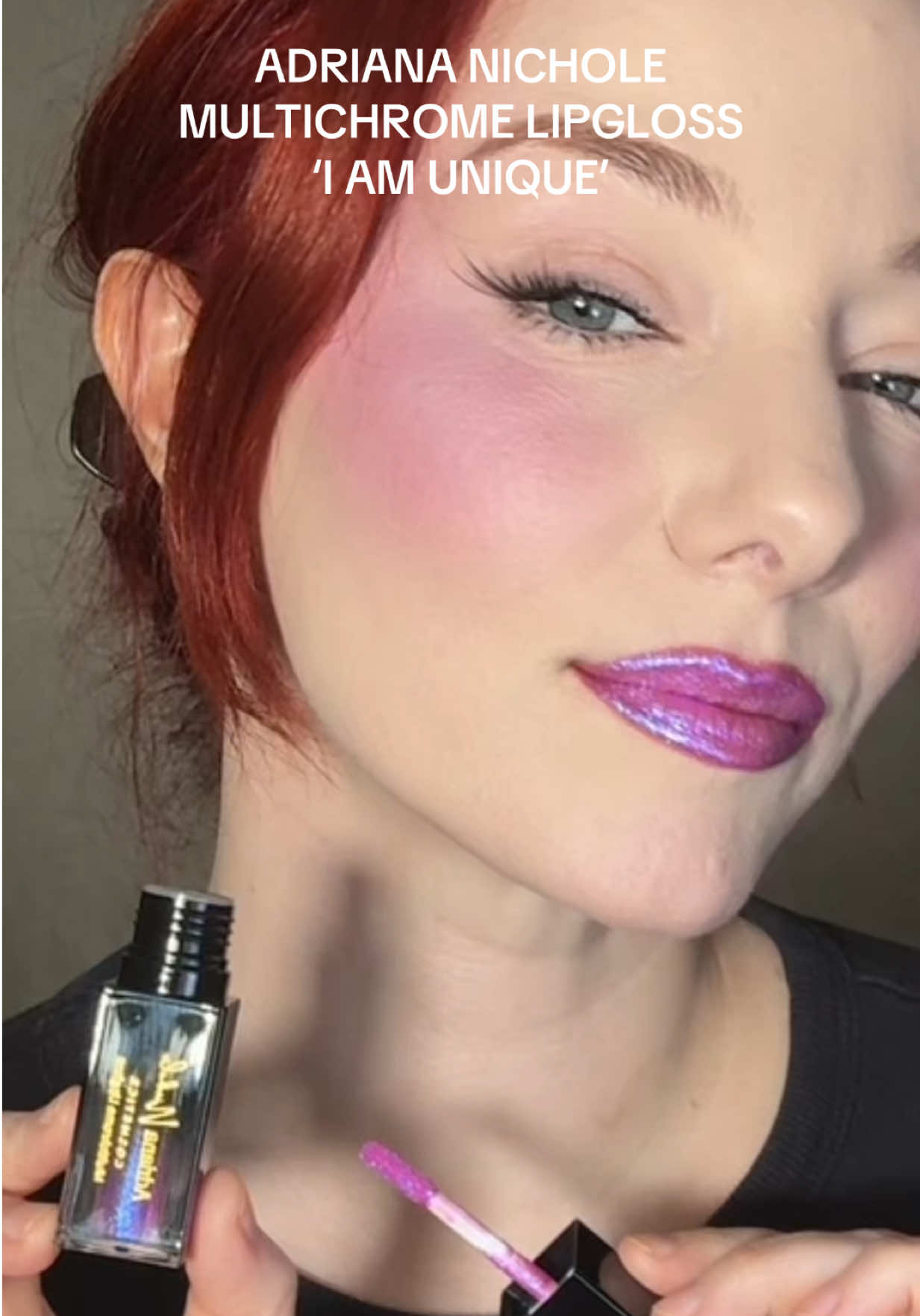 TikTok post by @dara.paquette for Adriana Nichole Cosmetics. Caption reads: [...] Multichrome Lip Gloss 🤩 by Adriana Nichole....