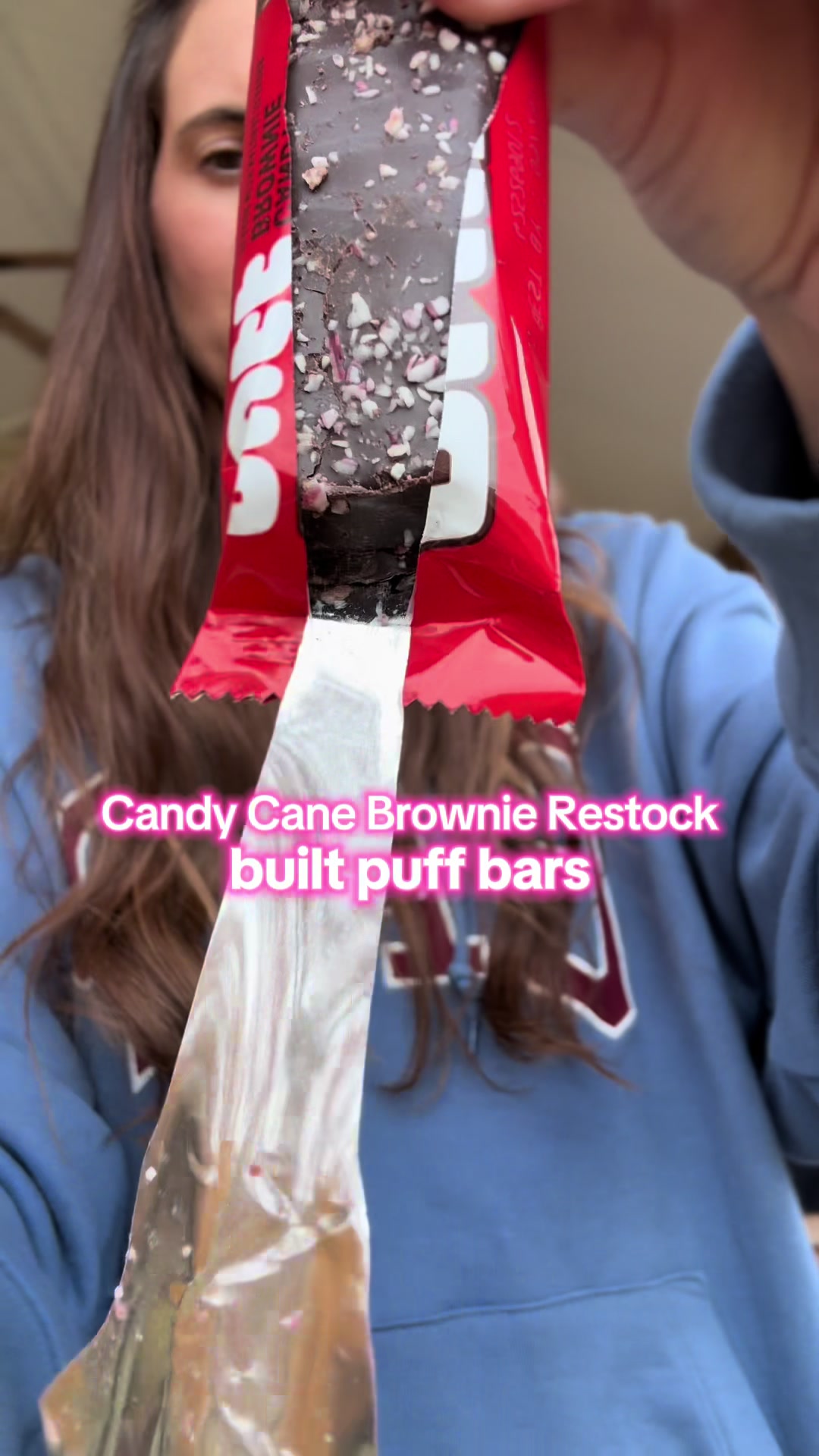 TikTok post by @itsjorden_ for BUILT Bar. Caption reads: @BUILT.BAR candy cane brownie is back in stock but....