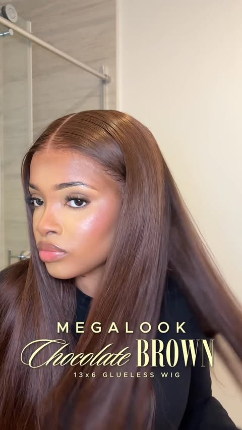 Instagram post by @thedrayanicole for Megalook. Caption reads: [...] 13x6 Glueless Chocolate Brown wig....