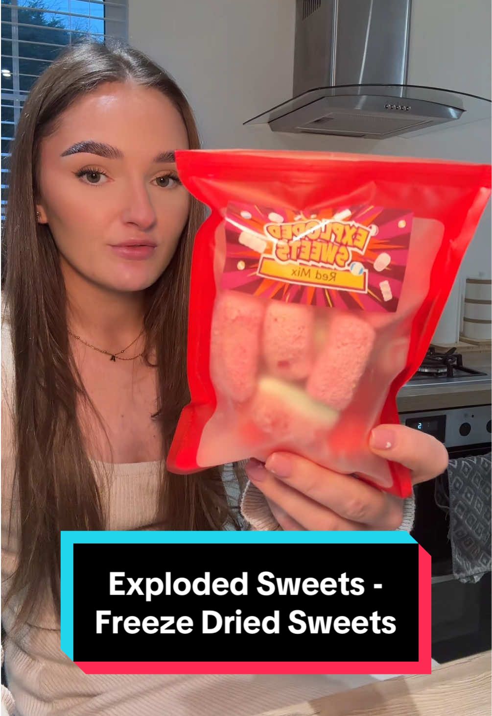 TikTok post by @aylaandavie for Exploded Sweets. Caption reads: Try Freeze Dried sweets with me! These were sooo....
