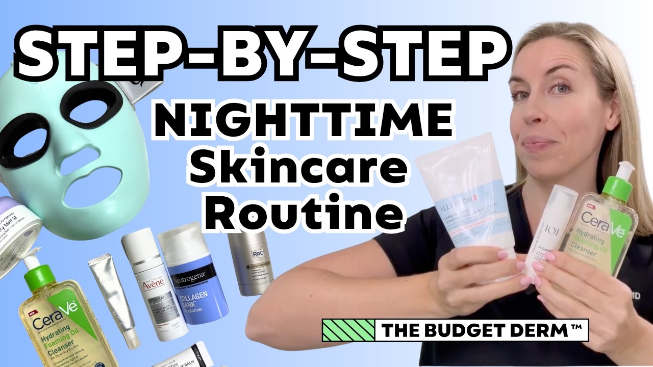 YouTube post by @TheBudgetDermatologist for Qure Skincare. Caption reads: How To Build A Nighttime Skincare Routine From....