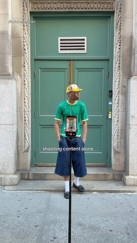 Instagram post by @nassnyc for Adobe Video & Motion. Caption reads: how I record my content alone in nyc made easier....