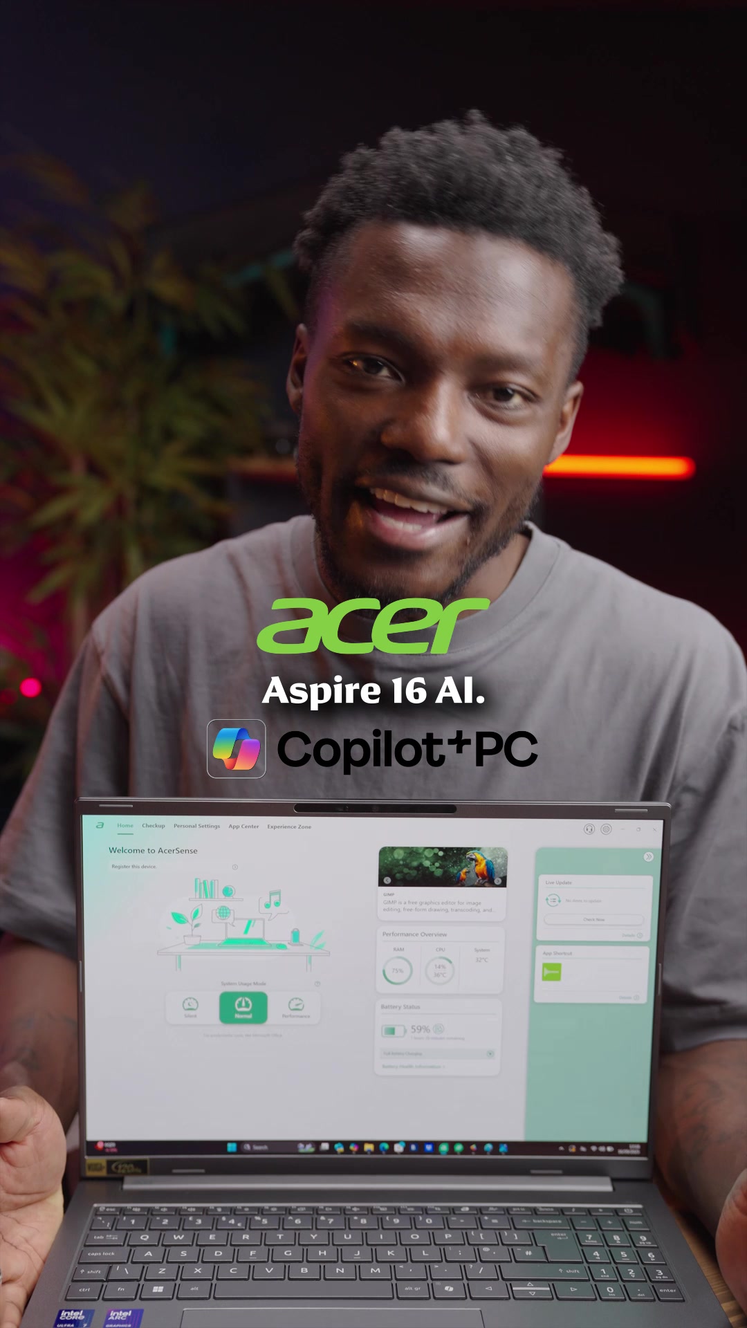 TikTok post by @gadgetsboy for Windows. Caption reads: When it comes to AI on the new Acer Aspire 16 AI,....