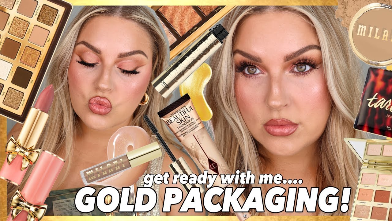 YouTube post by @shaaanxo for OFRA Cosmetics. Caption reads: ✨ full face of GOLD makeup products challenge ✨....