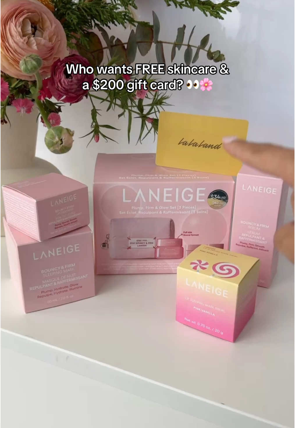 TikTok post by @laneige_us for La La Land Kind Cafe. Caption reads: 🍒LANEIGE x LA LA LAND GIVEAWAY🌸 You and your....