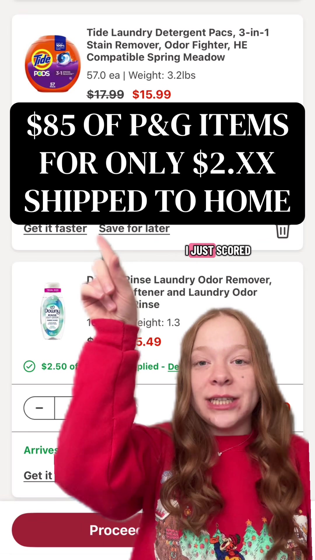 TikTok post by @savingswithsavv for Febreze. Caption reads: HOW I SCORED NEARLY $85 OF P&G ITEMS FOR $2.XX....