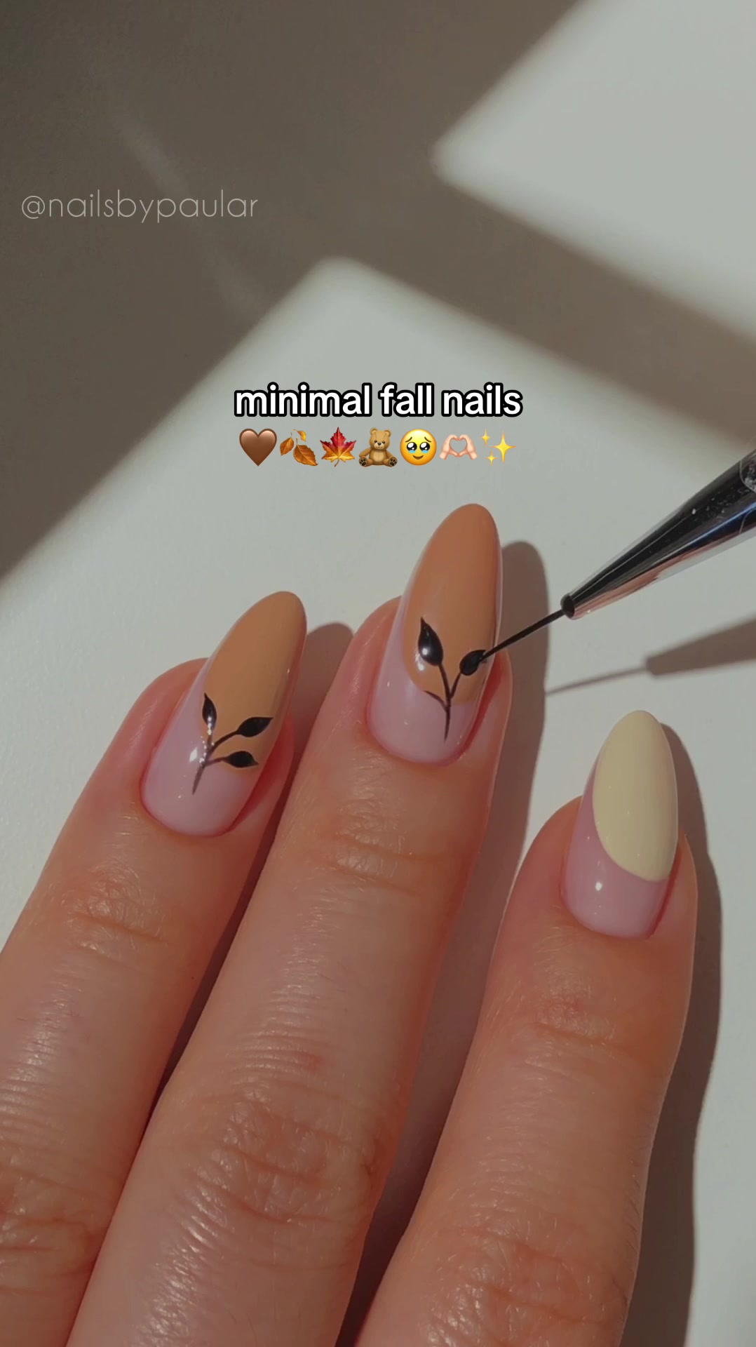 TikTok post by @nailsbypaular for MelodySusie. Caption reads: minimal fall nails! 🤎🍂🧸 my first fall nail....