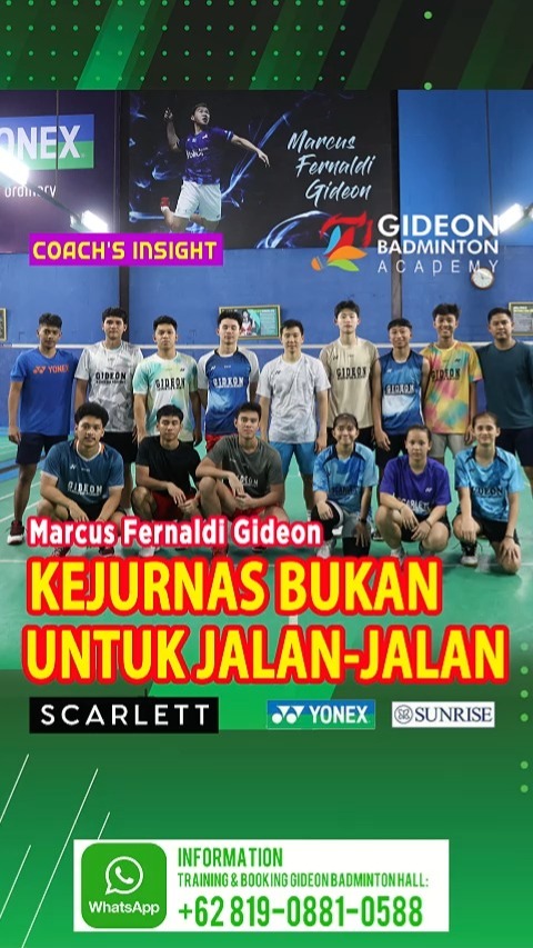 Instagram post by @gideonbadmintonacademy for Scarlett Whitening. Caption reads: Menjelang Kejurnas Bulutangkis PBSI 2025, setiap....