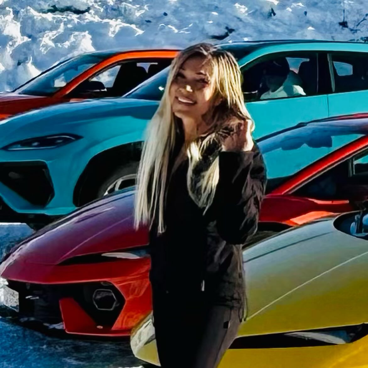 Instagram post by @savinaconfaloni for Lamborghini. Caption reads: [...] and drifting in Courchevel with Lamborghini....