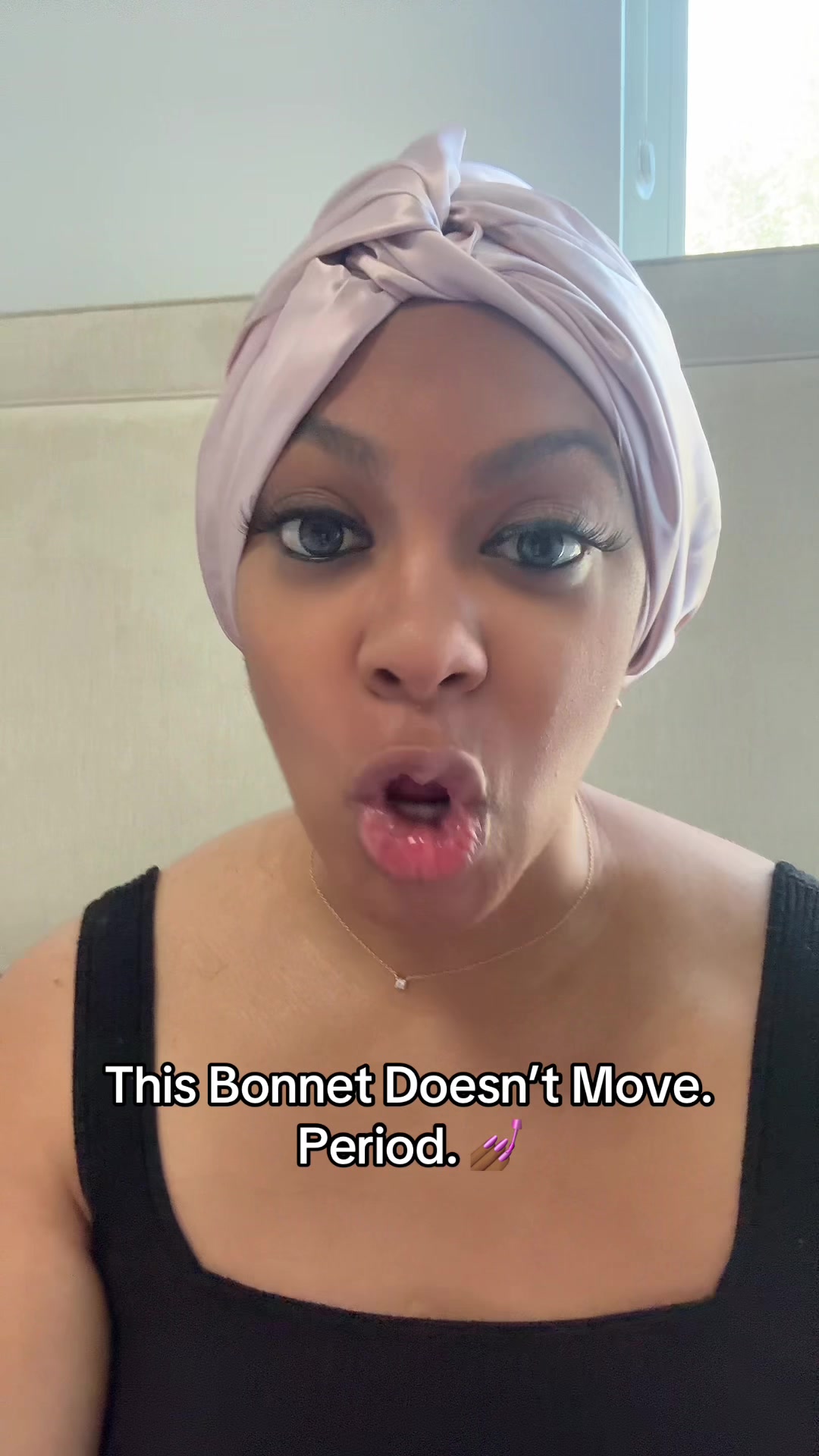 TikTok post by @lunafoxrae for Blissy. Caption reads: The Bonnet That Actually Stays On 👏🏾 No More....