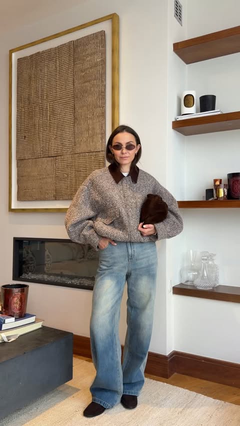 Instagram post by @felicitymbird for Fabrique. Caption reads: Four chic outerwear looks from Fabrique. Timeless....