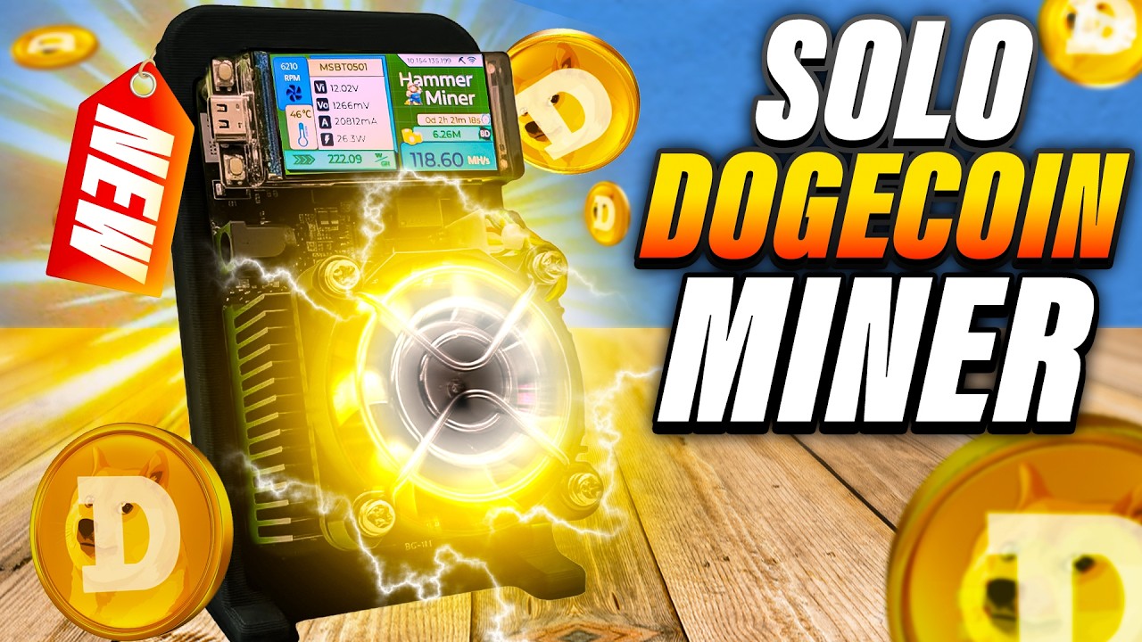 YouTube post by @TheHobbyistMiner for Podbean. Caption reads: Hit a Solo Block and Earn 10,000 DOGECOIN! Hammer....