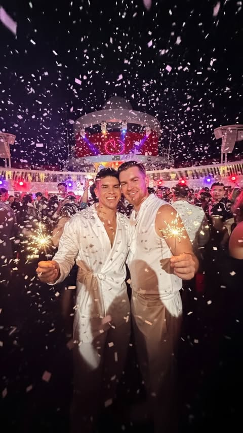 Instagram post by @reallouisandre for Virgin Voyages. Caption reads: Celebrating New Year’s with @virginvoyages is a....