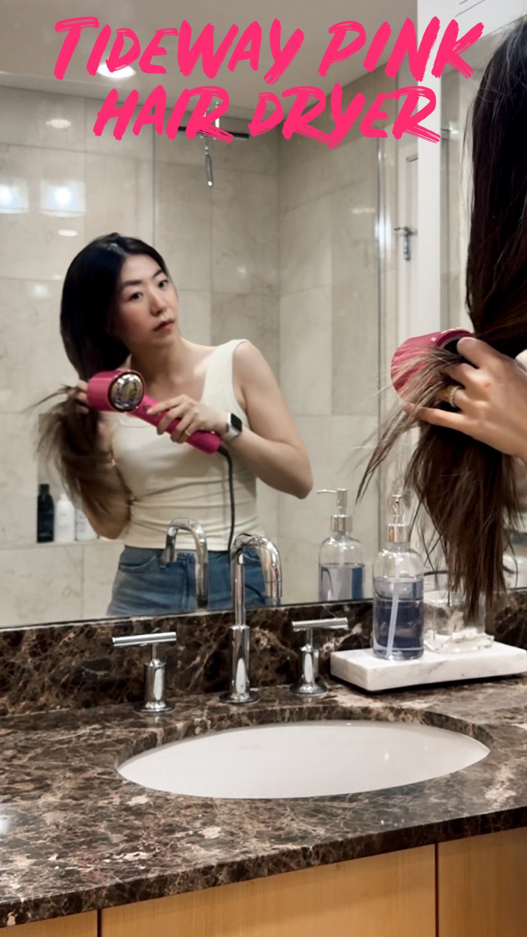 Instagram post by @chanelogy for Tideway. Caption reads: ྀི She’s pink. She’s powerful. She dries my hair....